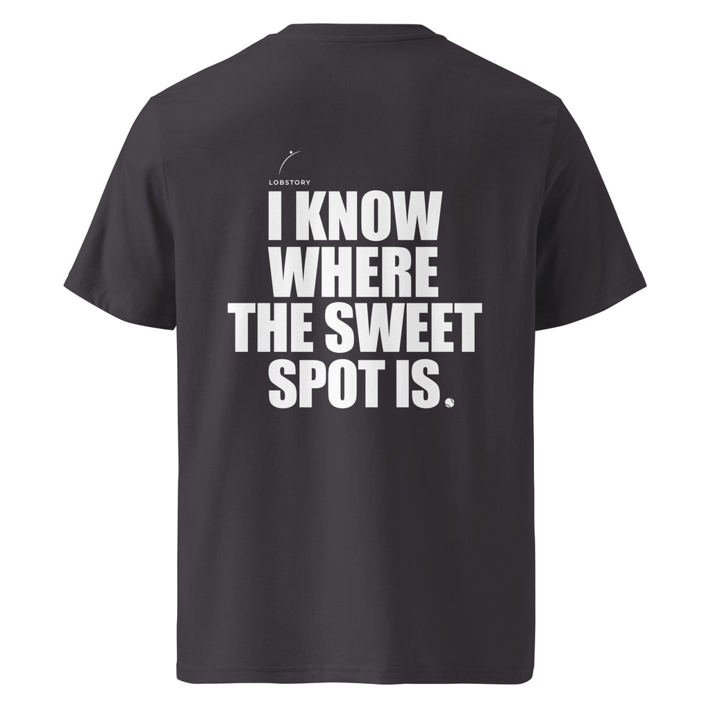 Back view mockup of organic cotton padel lifestyle t-shirt with bold I Know Where The Sweet Spot Is statement.