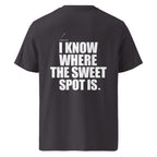 Back view mockup of organic cotton padel lifestyle t-shirt with bold I Know Where The Sweet Spot Is statement.