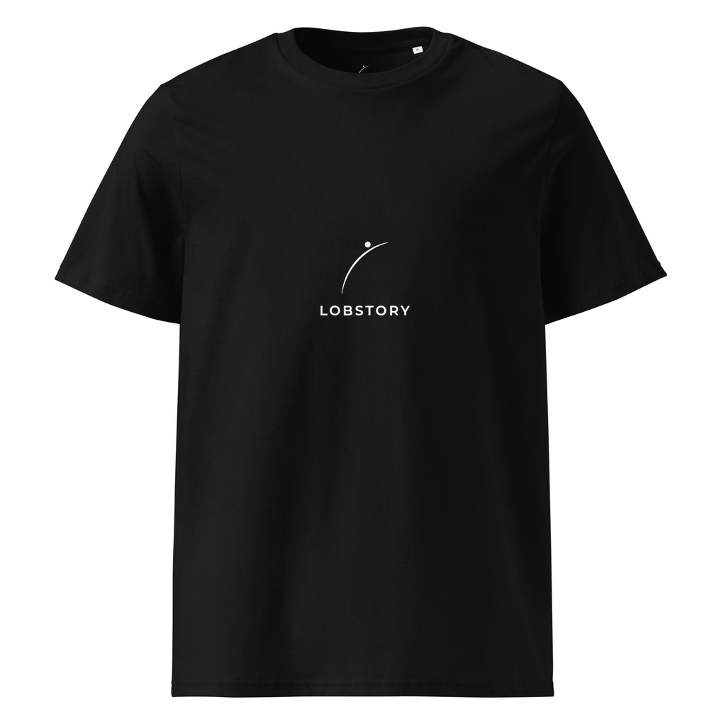 Front view mockup of organic cotton padel lifestyle t-shirt with teal LobStory chest logo.