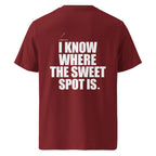 Back view mockup of organic cotton padel lifestyle t-shirt with bold I Know Where The Sweet Spot Is statement.