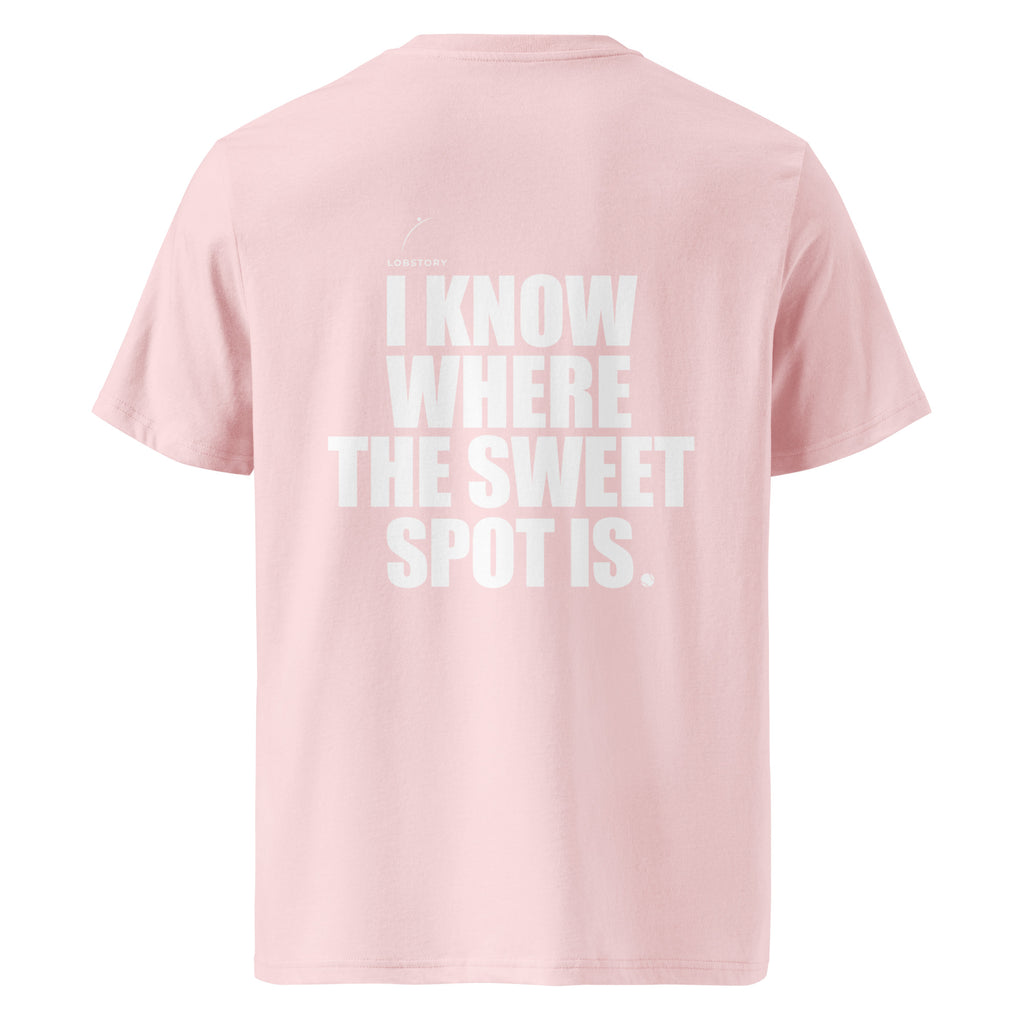 Back view mockup of organic cotton padel lifestyle t-shirt with bold I Know Where The Sweet Spot Is statement.