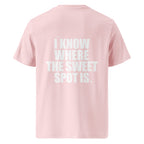Back view mockup of organic cotton padel lifestyle t-shirt with bold I Know Where The Sweet Spot Is statement.