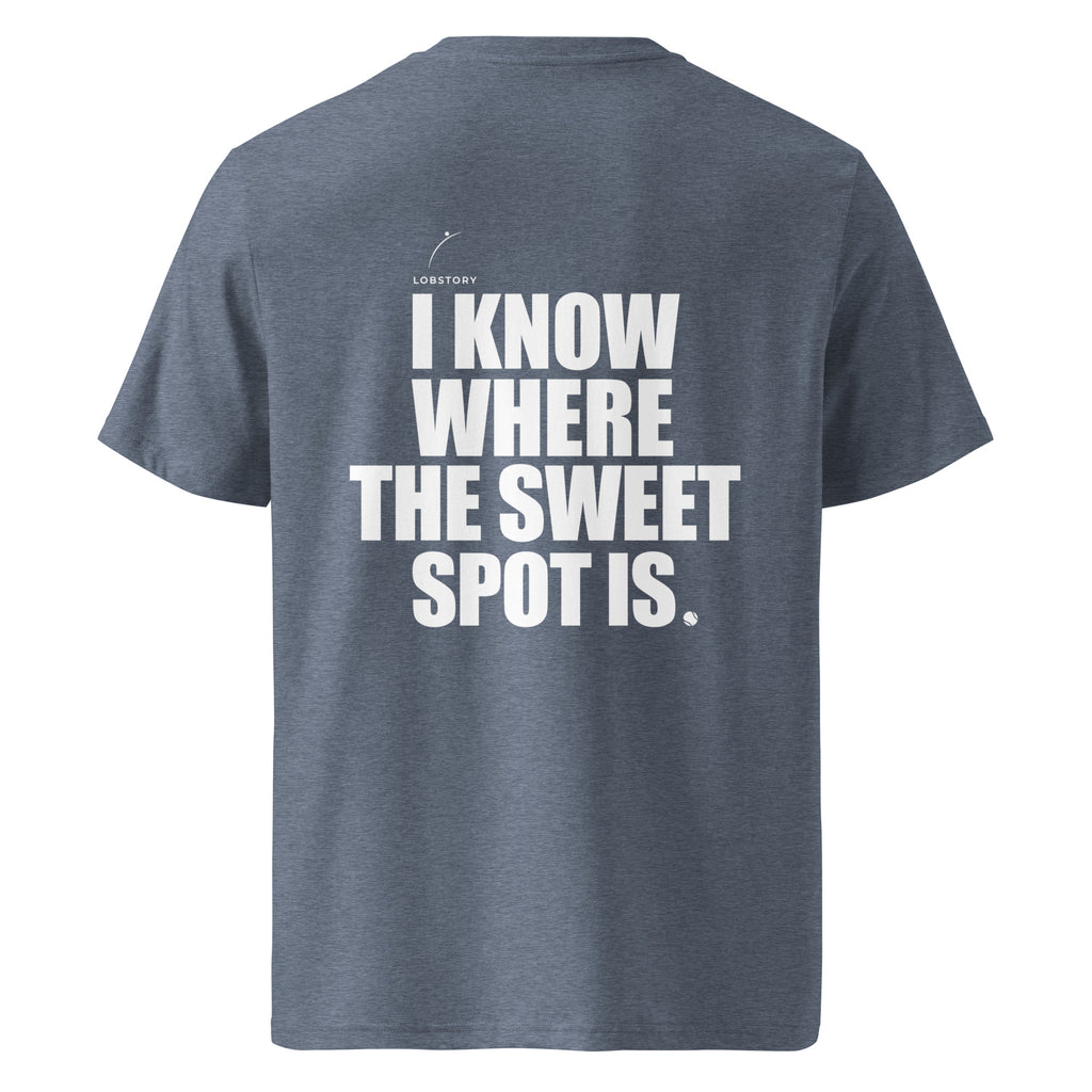 Back view mockup of organic cotton padel lifestyle t-shirt with bold I Know Where The Sweet Spot Is statement.