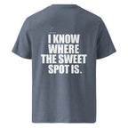 Back view mockup of organic cotton padel lifestyle t-shirt with bold I Know Where The Sweet Spot Is statement.