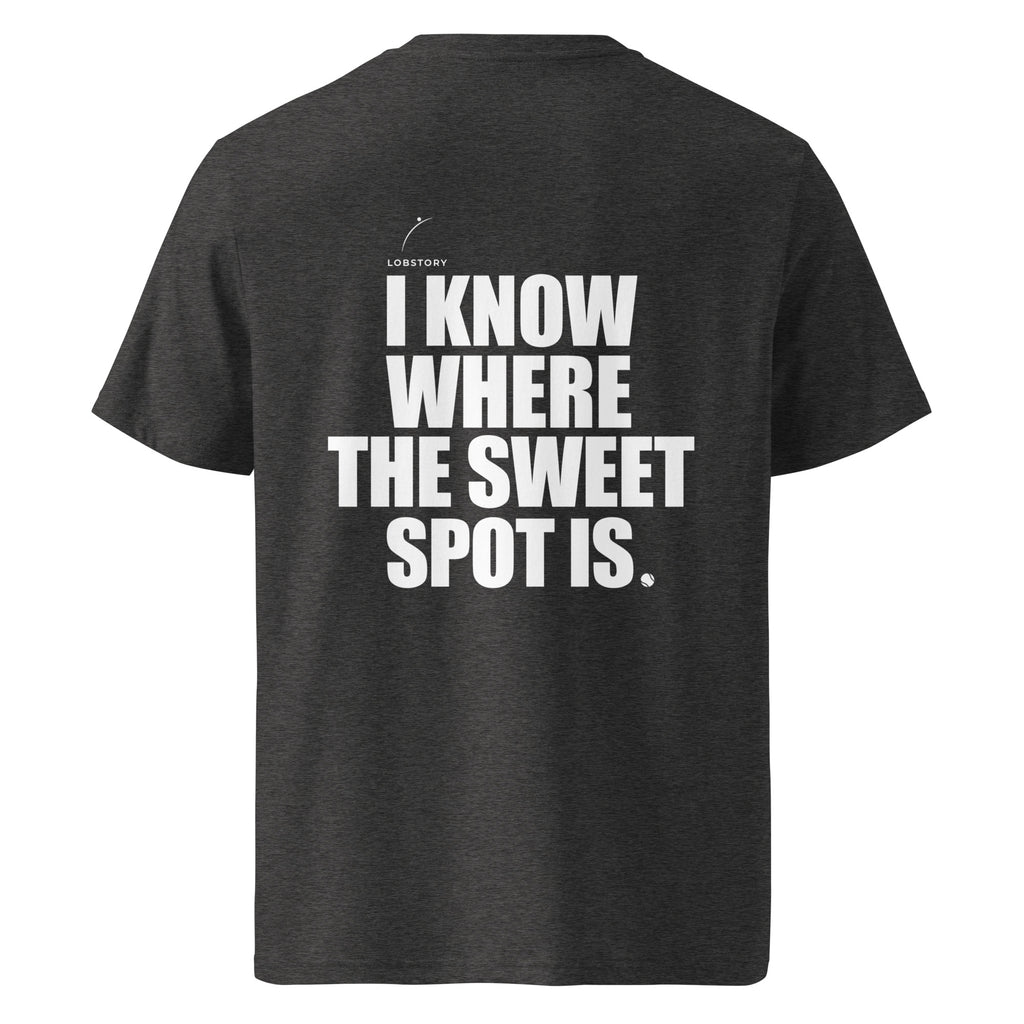 Back view mockup of organic cotton padel lifestyle t-shirt with bold I Know Where The Sweet Spot Is statement.