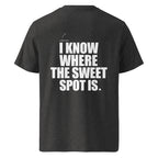 Back view mockup of organic cotton padel lifestyle t-shirt with bold I Know Where The Sweet Spot Is statement.