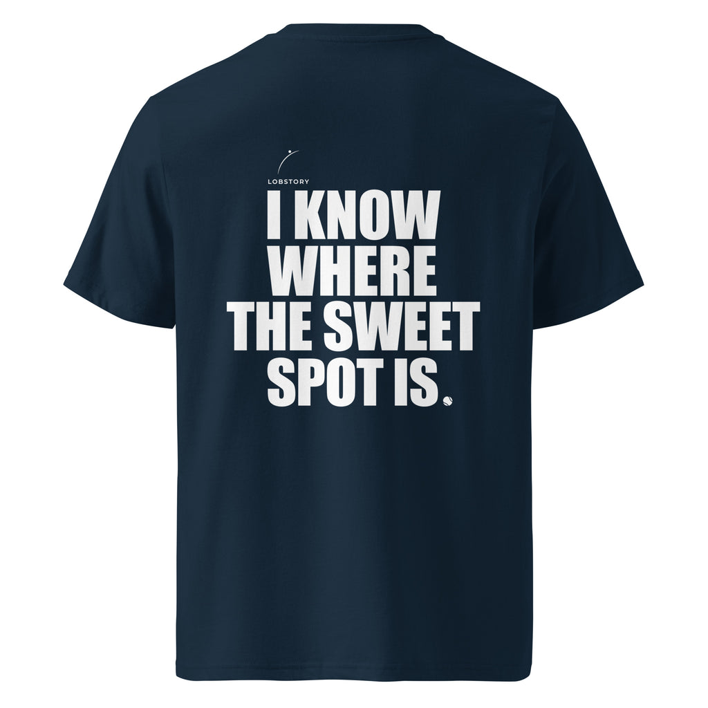 Back view mockup of organic cotton padel lifestyle t-shirt with bold I Know Where The Sweet Spot Is statement.