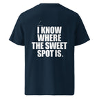 Back view mockup of organic cotton padel lifestyle t-shirt with bold I Know Where The Sweet Spot Is statement.