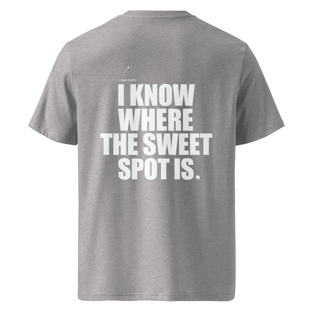 Back view mockup of organic cotton padel lifestyle t-shirt with bold I Know Where The Sweet Spot Is statement.