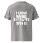 Back view mockup of organic cotton padel lifestyle t-shirt with bold I Know Where The Sweet Spot Is statement.