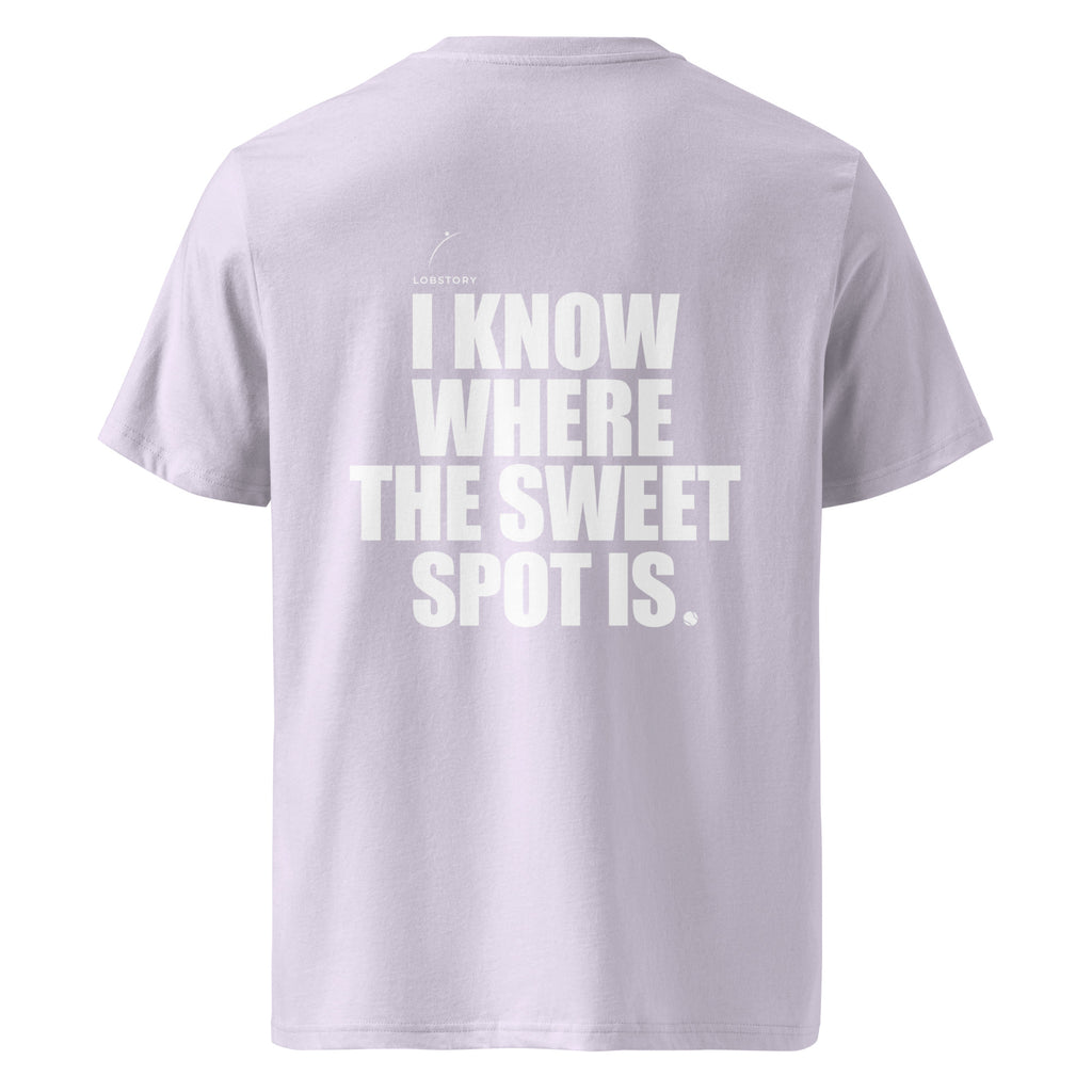 Back view mockup of organic cotton padel lifestyle t-shirt with bold I Know Where The Sweet Spot Is statement.