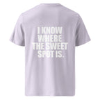 Back view mockup of organic cotton padel lifestyle t-shirt with bold I Know Where The Sweet Spot Is statement.