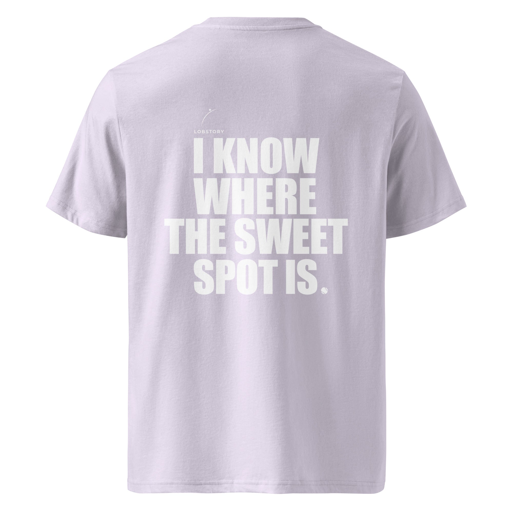 Back view mockup of organic cotton padel lifestyle t-shirt with bold I Know Where The Sweet Spot Is statement.