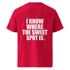 Back view mockup of organic cotton padel lifestyle t-shirt with bold I Know Where The Sweet Spot Is statement.