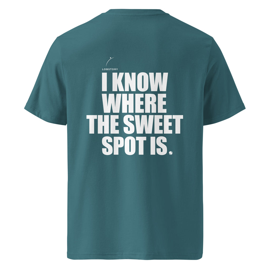 Back view mockup of organic cotton padel lifestyle t-shirt with bold I Know Where The Sweet Spot Is statement.