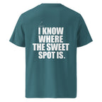 Back view mockup of organic cotton padel lifestyle t-shirt with bold I Know Where The Sweet Spot Is statement.