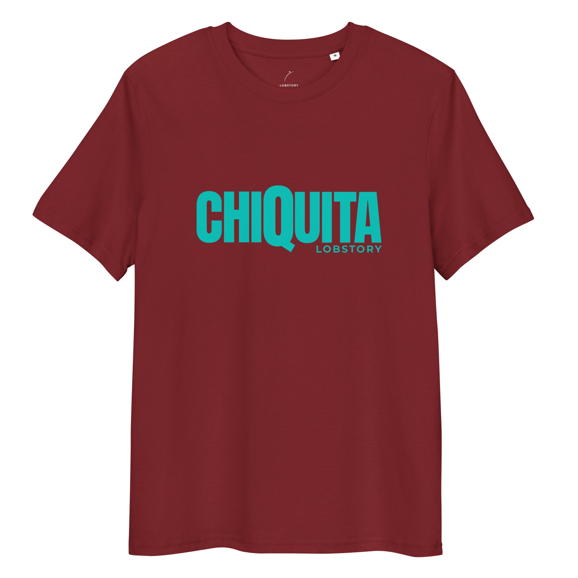 Flat lay of desert dust CHIQUITA unisex organic cotton padel lifestyle t-shirt with teal logo - LobStory