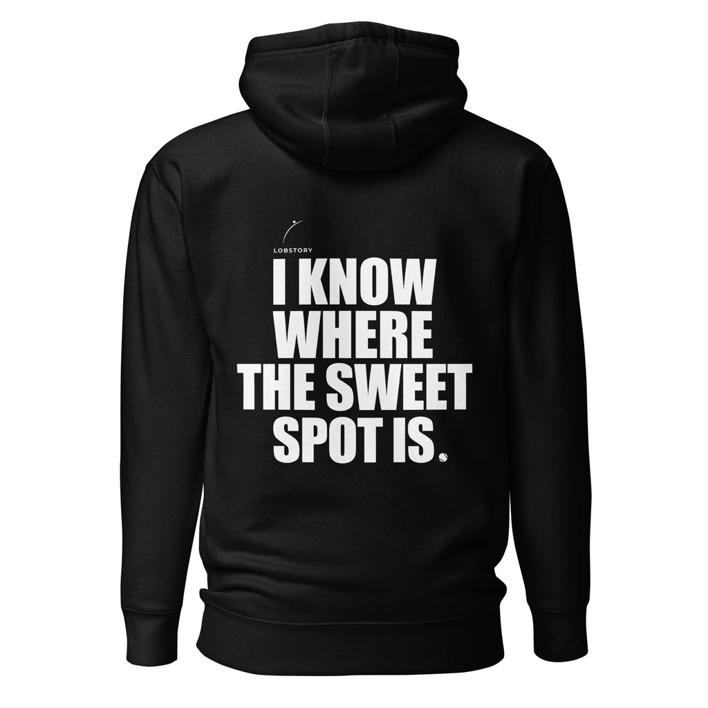 Back view mockup of a premium padel hoodie with bold I Know Where The Sweet Spot Is statement. Lobstory.eu