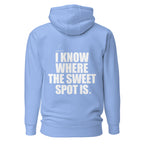 Back view mockup of a premium padel hoodie with bold I Know Where The Sweet Spot Is statement. Lobstory.eu