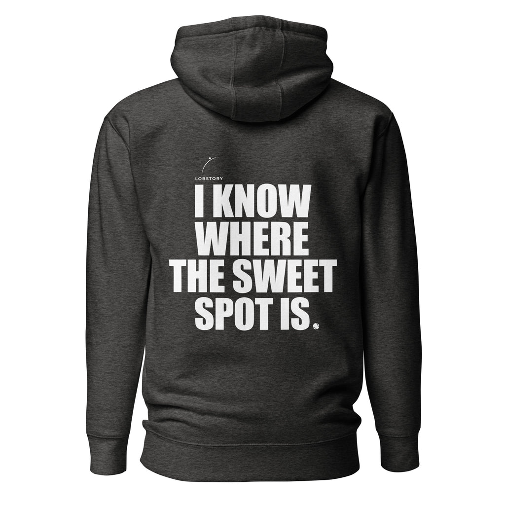 Back view mockup of a premium padel hoodie with bold I Know Where The Sweet Spot Is statement. Lobstory.eu