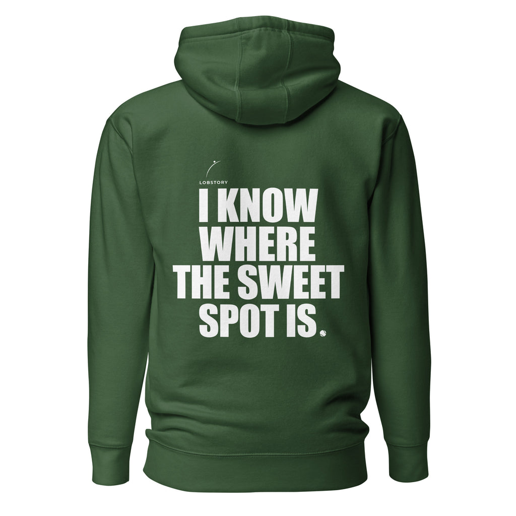 Back view mockup of a premium padel hoodie with bold I Know Where The Sweet Spot Is statement. Lobstory.eu
