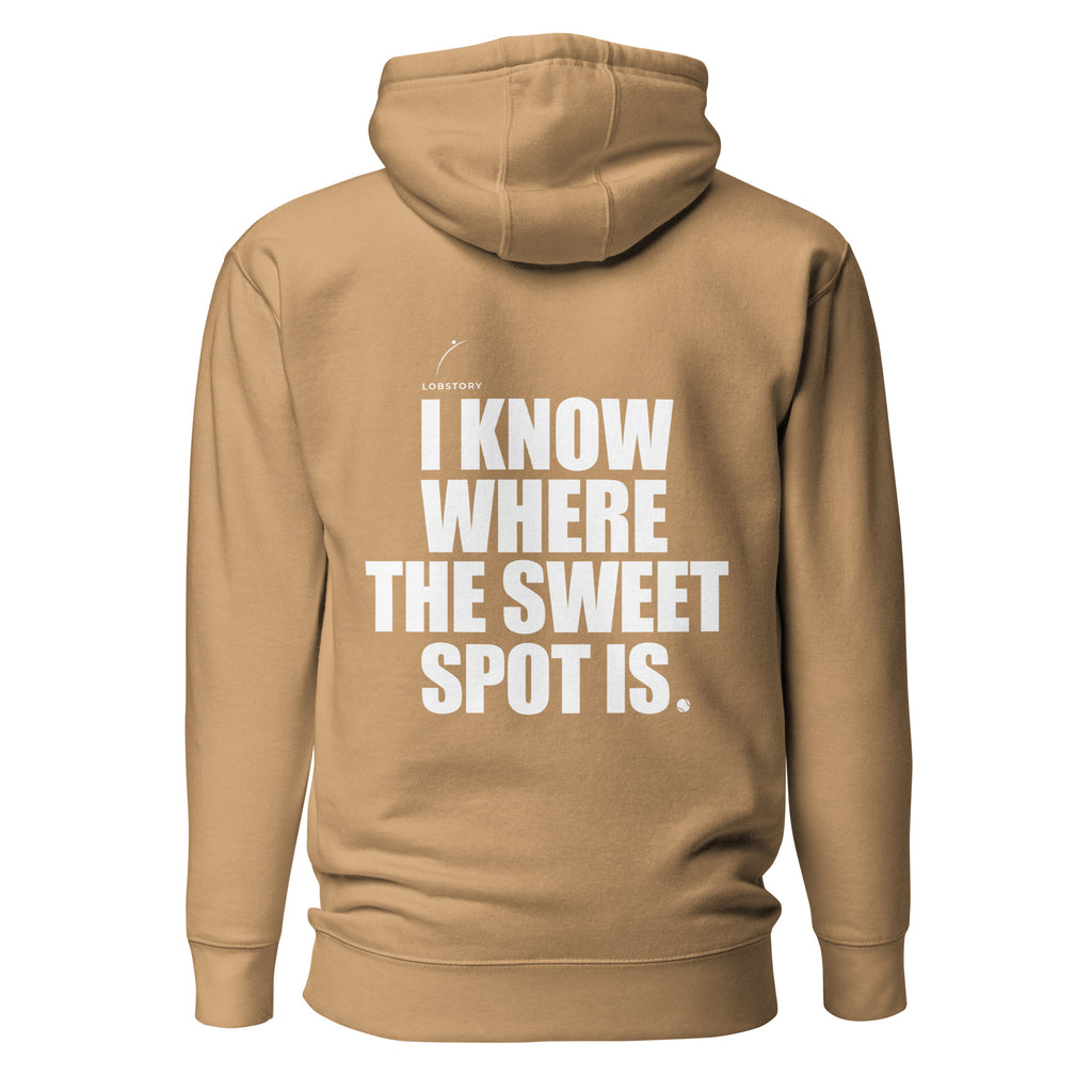 Back view mockup of a premium padel hoodie with bold I Know Where The Sweet Spot Is statement. Lobstory.eu