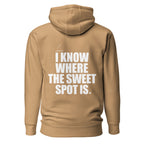 Back view mockup of a premium padel hoodie with bold I Know Where The Sweet Spot Is statement. Lobstory.eu