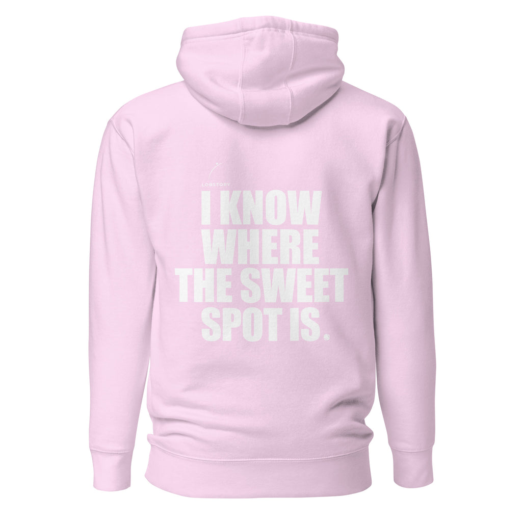 Back view mockup of a premium padel hoodie with bold I Know Where The Sweet Spot Is statement. Lobstory.eu
