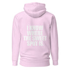 Back view mockup of a premium padel hoodie with bold I Know Where The Sweet Spot Is statement. Lobstory.eu