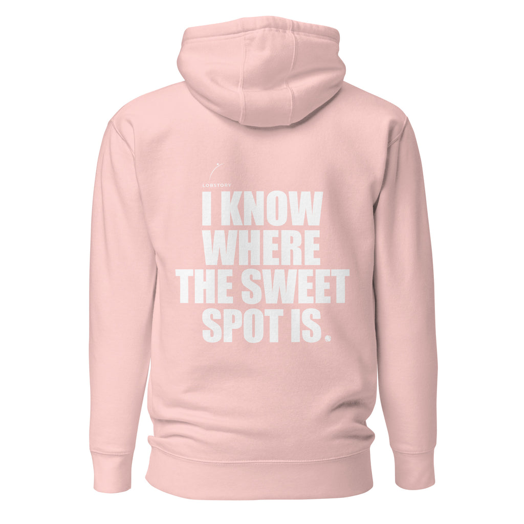 Back view mockup of a premium padel hoodie with bold I Know Where The Sweet Spot Is statement. Lobstory.eu