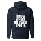 Back view mockup of a premium padel hoodie with bold I Know Where The Sweet Spot Is statement. Lobstory.eu