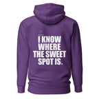 Back view mockup of a premium padel hoodie with bold I Know Where The Sweet Spot Is statement. Lobstory.eu