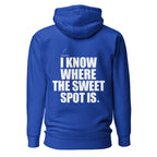 Back view mockup of a premium padel hoodie with bold I Know Where The Sweet Spot Is statement. Lobstory.eu