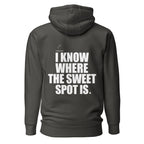 Back view mockup of a premium padel hoodie with bold I Know Where The Sweet Spot Is statement. Lobstory.eu
