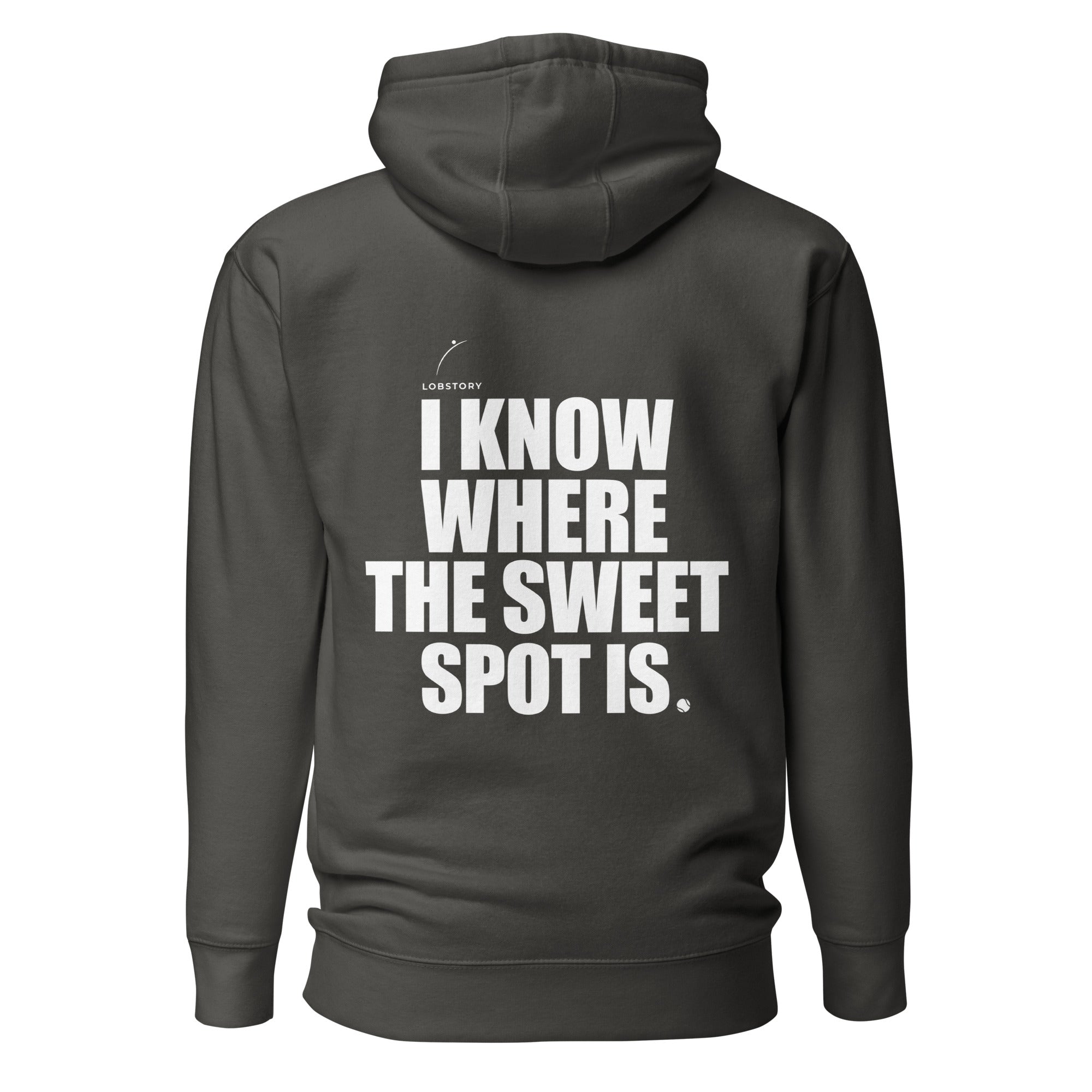 Back view mockup of a premium padel hoodie with bold I Know Where The Sweet Spot Is statement. Lobstory.eu